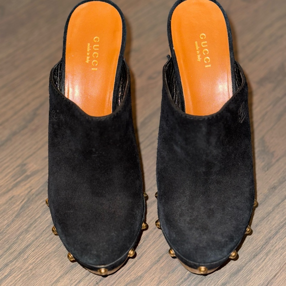 Gucci Black Suede Mules with Gold Accents - Picture 2 of 6